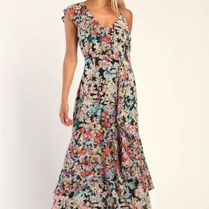 NEW Lulus Radiant Hunter Green Floral Print Chiffon Maxi Dress NWT size small